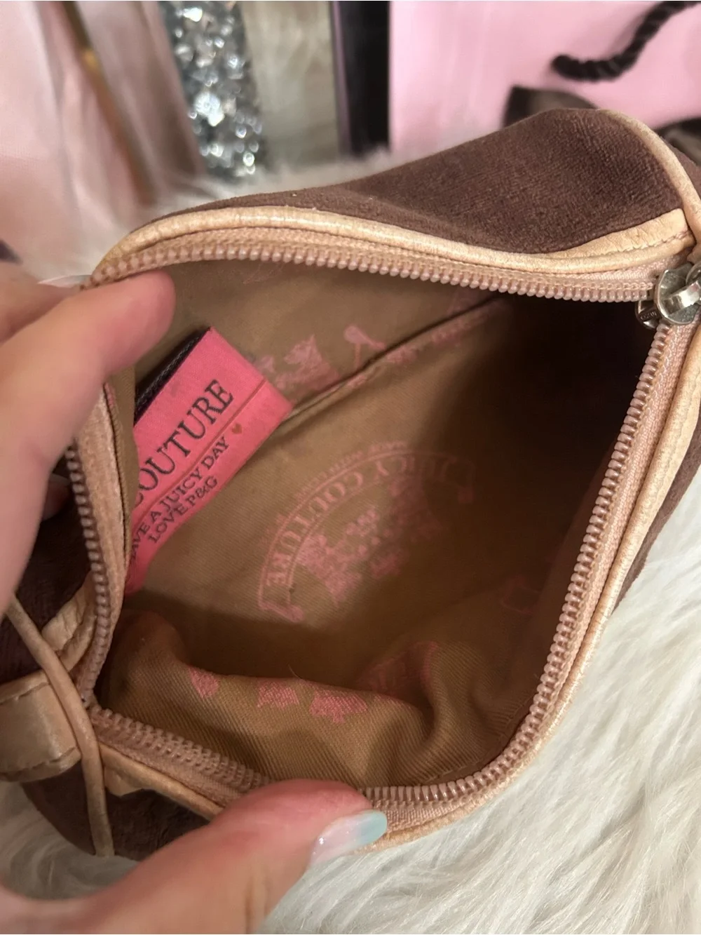 Vintage 2004 Juicy Couture Brown Velour Pink Leather Barrel Cosmetic Tootsie Bag